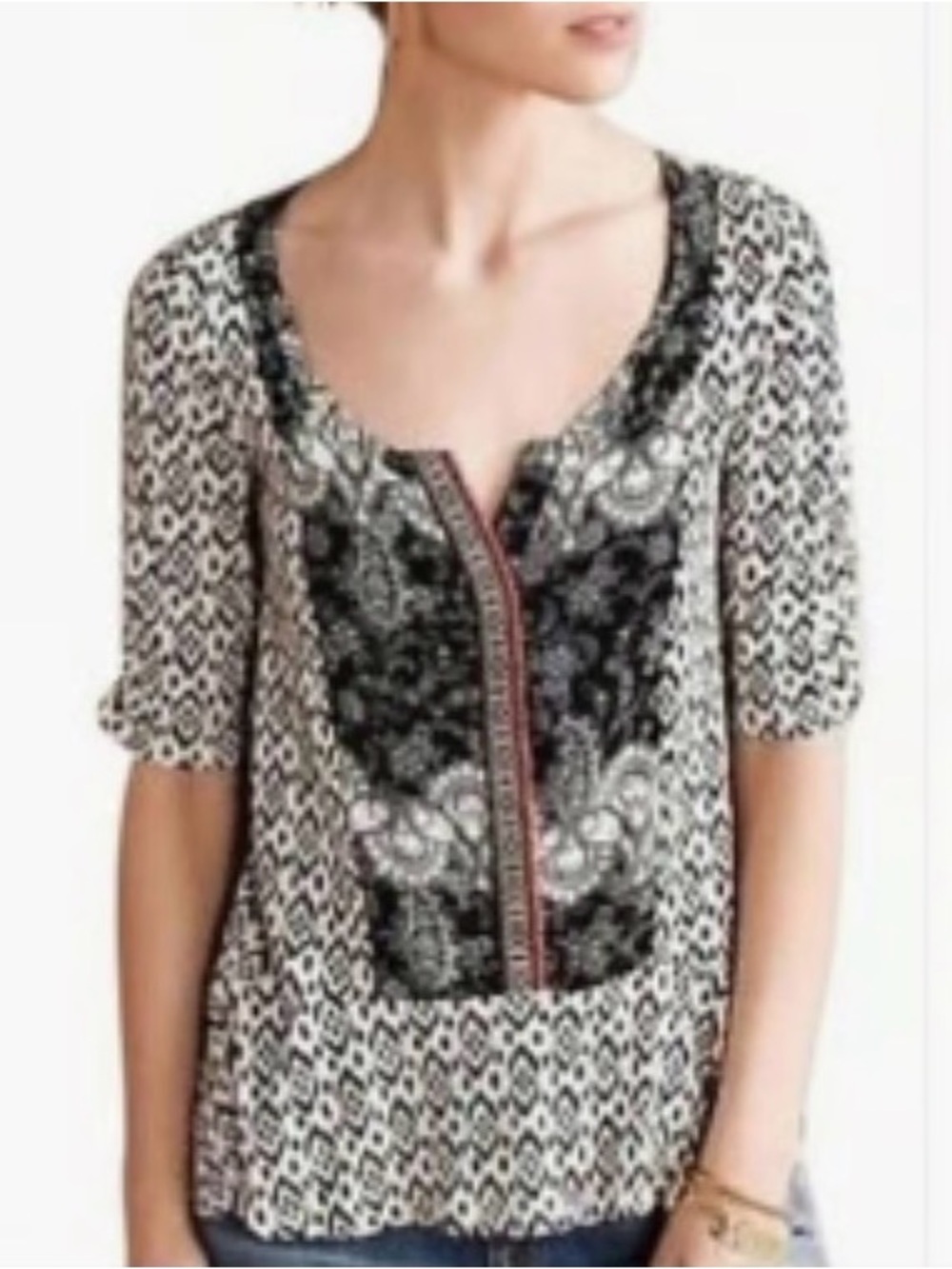 Akemi + Kin Anthropologie Top Black White Ikat Split Neck Peplum Hem